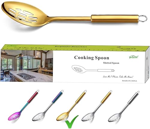 Berglander Cuchara ranurada, cuchara de cocina ranurada de acero inoxidable con mango dorado con revestimiento de titanio, cuchara de servir