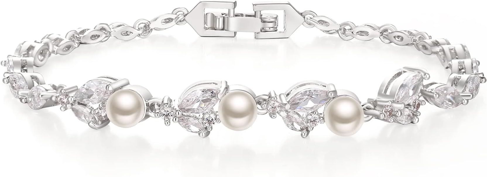 Cubic Zirconia Simulated Pearl Bridal Wedding Leaf Filigree Tennis Bracelet for Brides Bridesmaid Birthday Mothers Christmas Valentines Day Jewelry Gifts for Women