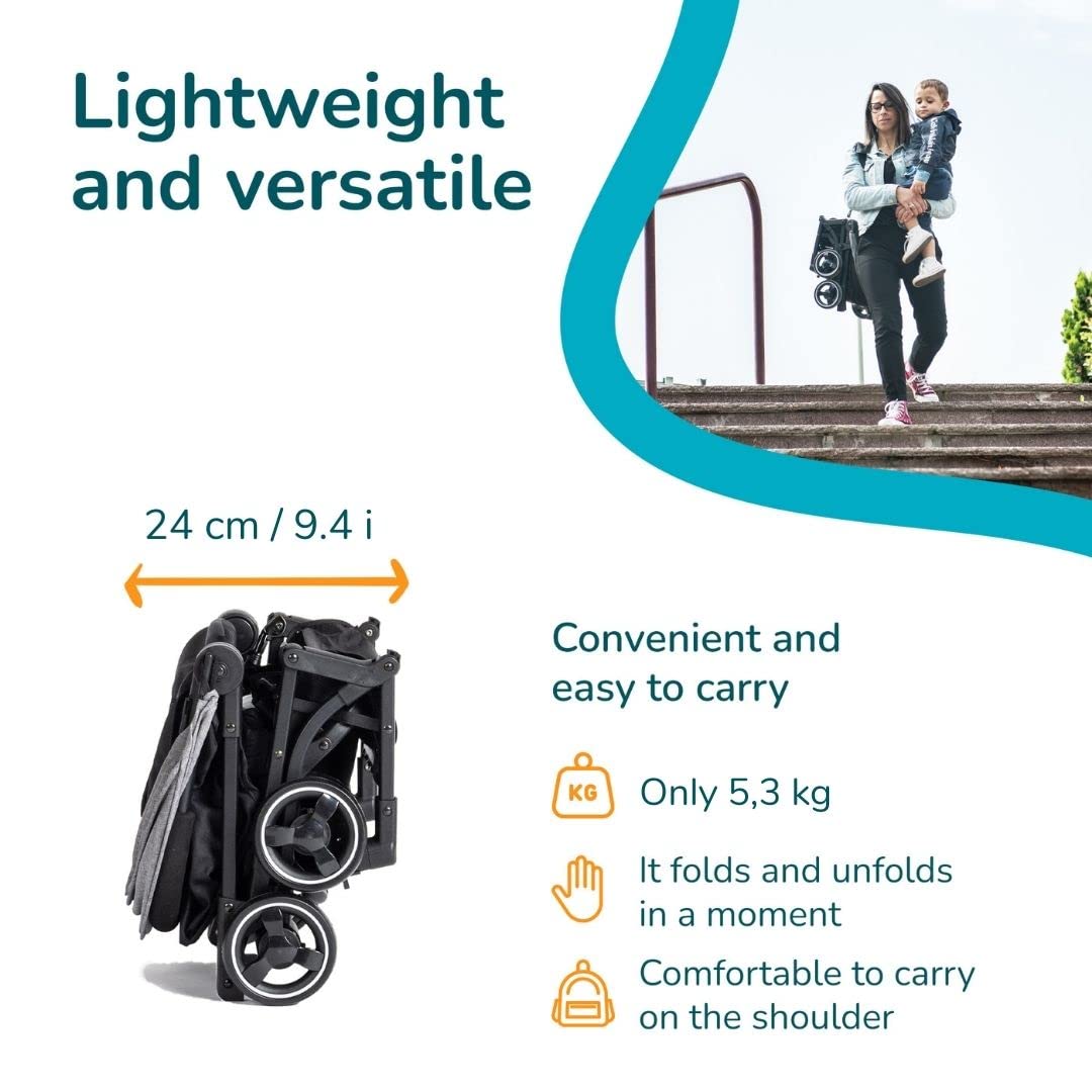 Wózek dziecięcy Piuma0+ Platinum Ultra lekki leżak turystyczny 2.0, super wyposażenie, od 3 miesięcy do 25 kg, kompaktowy i lekki, 5-punktowy pas i hamulec nożny, bagaż dla niemowląt Lightweight Buggy