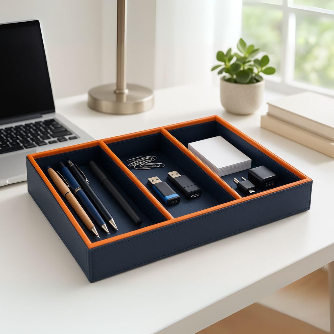 CASA BOTANICAL Desk Leather Organizer Tray with 5 Compartments Stylish | Perfect For Jwelry Organizer, Office, Study, Table, Bedside Tray, Cosmetic, & Decoration | Beige Multi-Functional Storage