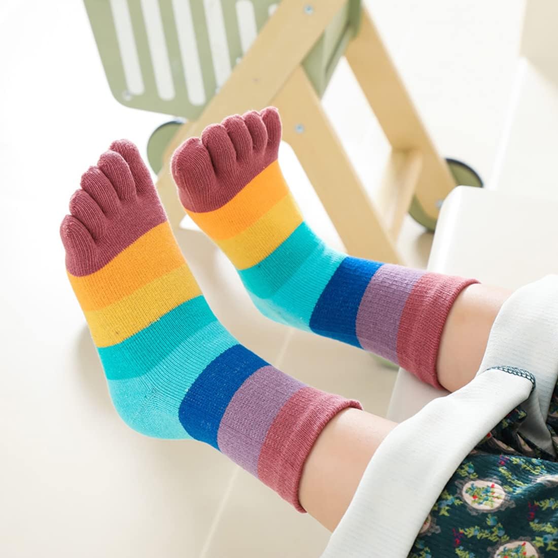 Kids Cotton Toe Socks, Five Finger Socks Rainbow Striped Socks for Children 2-10 Years, 5 Pairs