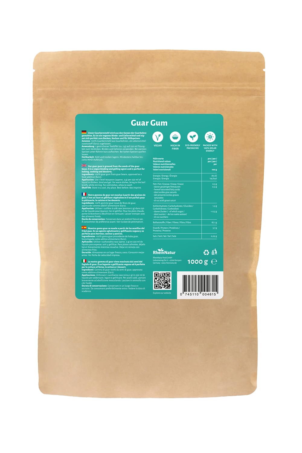 RheinNatur Guarpitmeel, 1 kg, guar gumpoeder als natuurlijke stabilisator voor ijs, soepen, sauzen, plantaardig bindmiddel en verdikkingsmiddel, smaakneutraal en veganistisch, zakje van 1000 g 1000g
