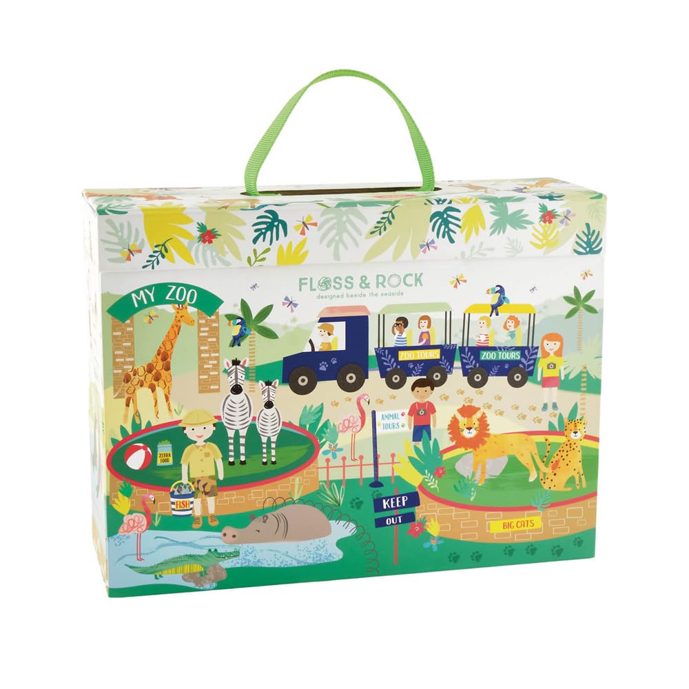 Floss & Rock Jungle Playbox - Traditional Wooden Toy Playbox - Multicolor Cartoon Pattern - One Size - 15 Pieces - Flip Top Opening - Foldable