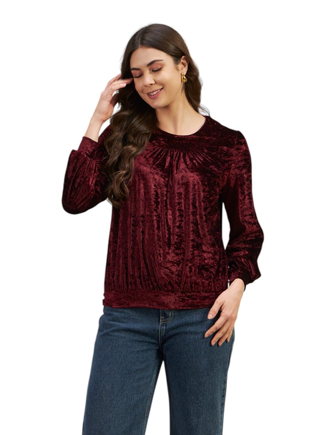 vaararo Crushed Velvet Blouson Top for Women | Long Bishop Sleeves with Round Gathered Neck and Elastic Waist | Stylish Party, Office & Casual Wear-picture-54