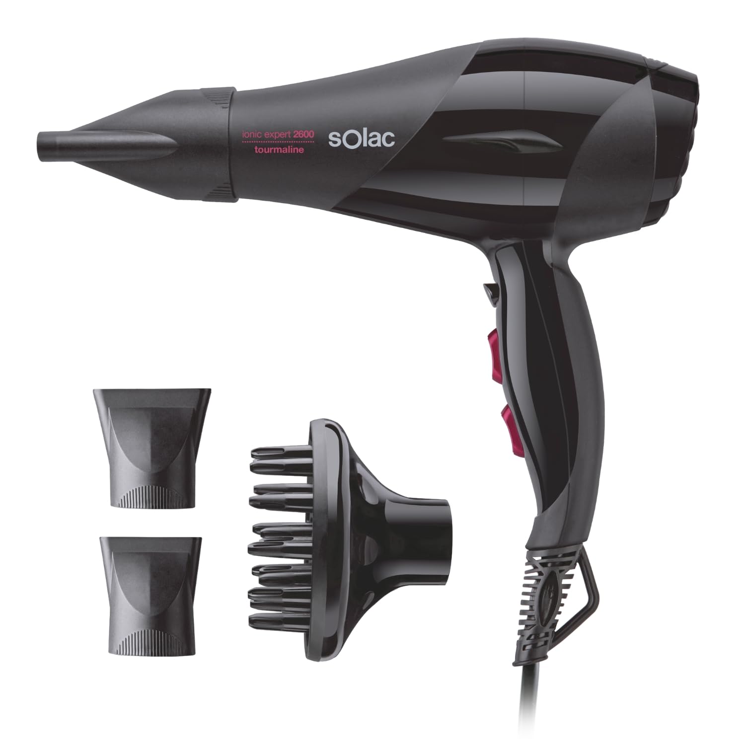 Solac - Secador de Pelo SP7170 Expert 2600 Tourmaline, 2600W, 2 Velocidades + 3 Temperaturas, Aire Frío, Difusor, Función Iónica Antiencrespamiento, Secado Rápido, Cable 180 cm, Negro