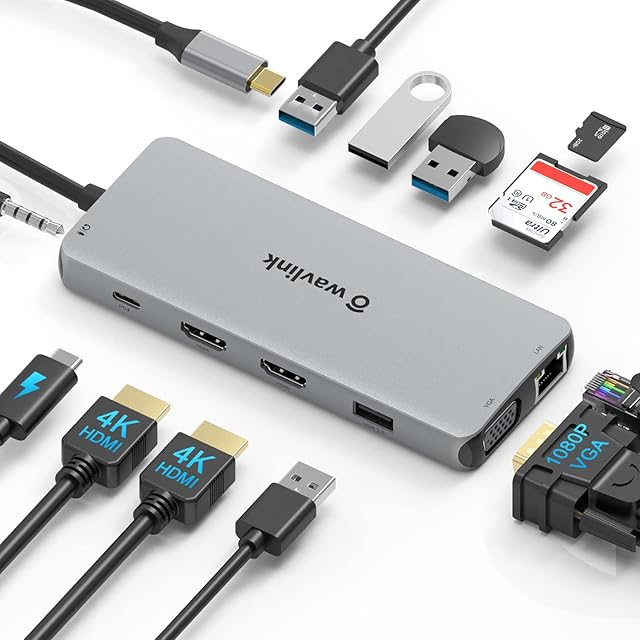 USB C Docking Station Dual Monitor HDMI for Dell HP, WAVLINK USB C Hub Multiport Adapter to 2 HDMI 4K,VGA,100W PD, Gigabit Ethernet, 4 USB, SD/TF, 3.5mm Audio for XPS, Lenovo, Surface