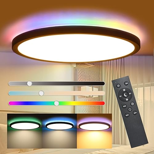 Flush Mount LED Ceiling Light Dimmable with Remote Control 12 Inch 30W, RGB Backlight Close to Ceiling Light 3000-6500K, Modern Ultra-Thin Round Ceiling Lamp, for Bedroom Kitchen Living Room