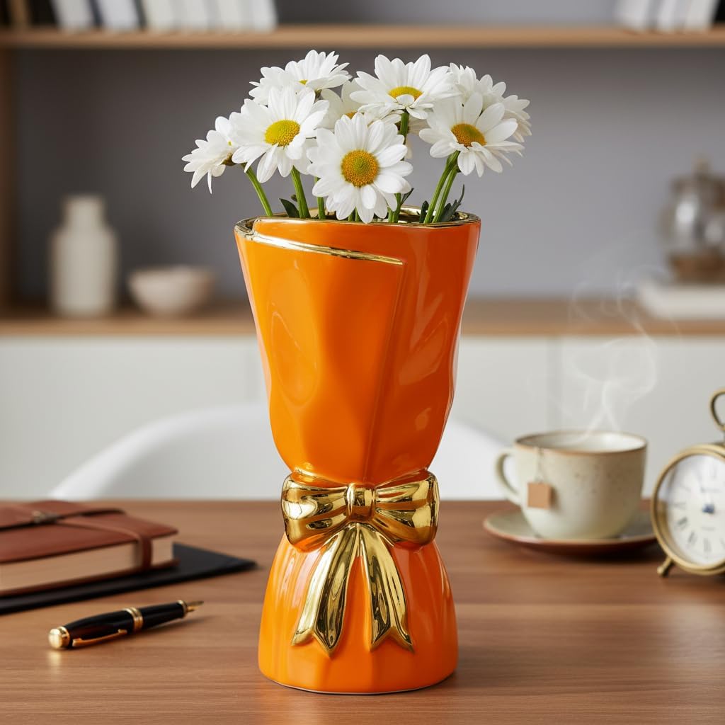 Orange Ceramic Vase for Pampas Grass, Bow Modern Vases Home Decor, 10 Inch Centerpiece Vase for Dining Table, Autumn, Kitchen Decor, Fireplace, Bathroom Decorations
