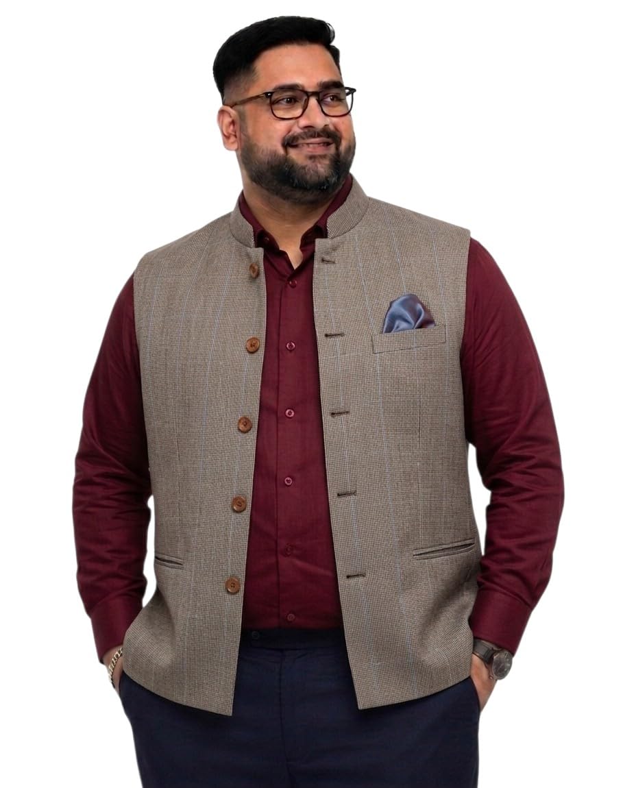 Men's Plus/Big/Tall size Nehru/Modi Jacket/Waistcoat khakhi self textured for office,Formal,Wedding and Party-image-40