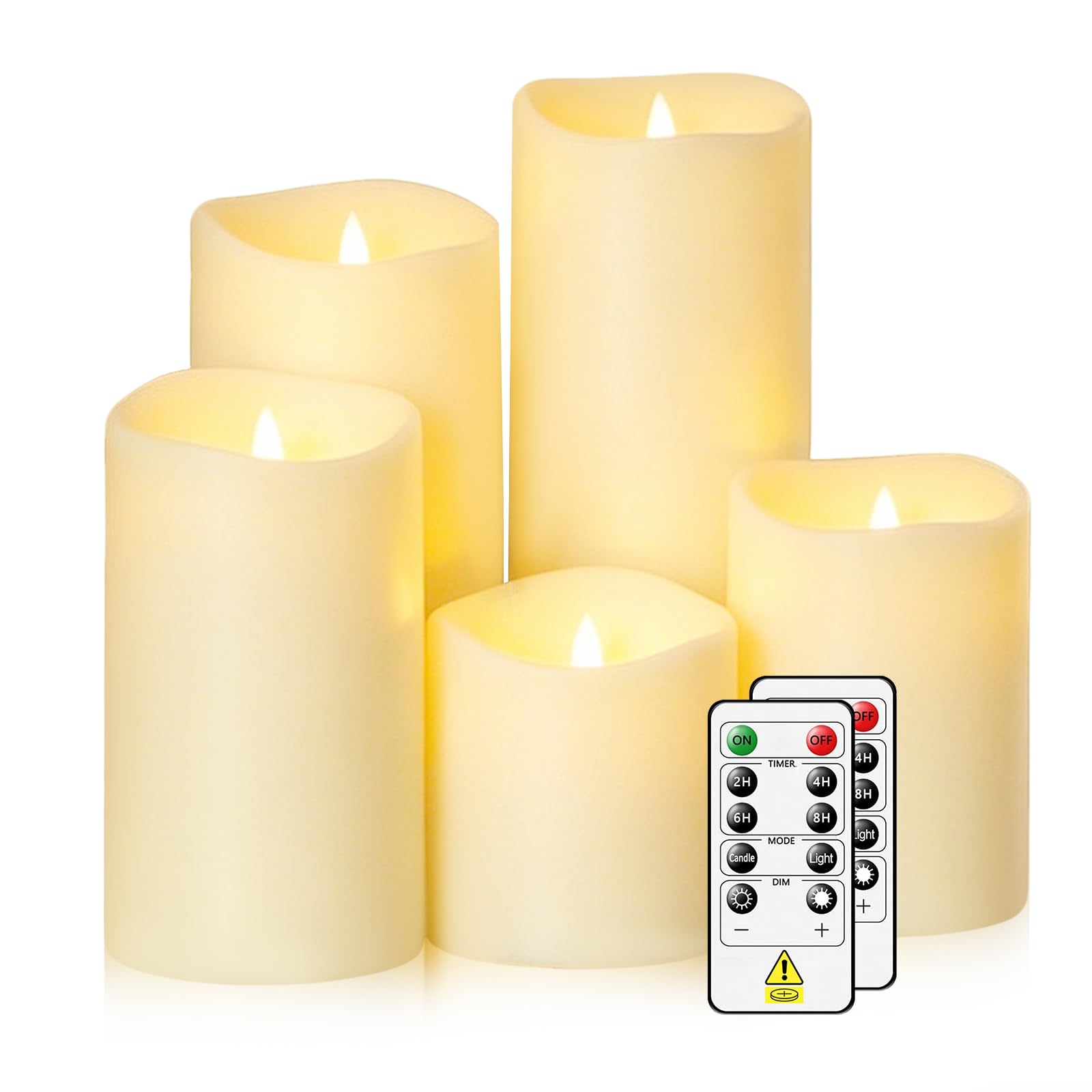 kakoya Flameless Candles with Remote Control and Timer,Flickering Battery Operated LED Pillar Candles Plastic Set of 5(D 3" x H 3" 4" 5" 6" 7") Ivory