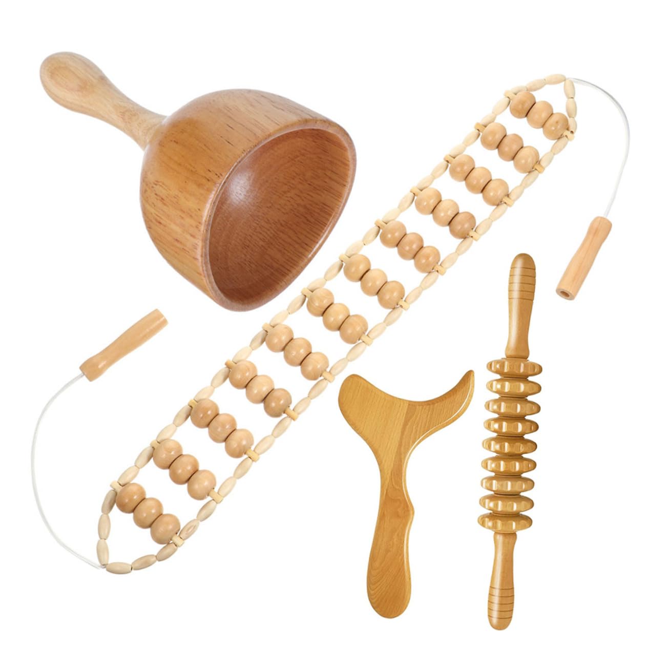 4pezzi Massaggiatore Legno Per Corpo Per Massaggio Completo Include e Piastra Per Rilassare Schiena e Arti Strumenti Leggeri e Portatili Per Casa e Viaggi