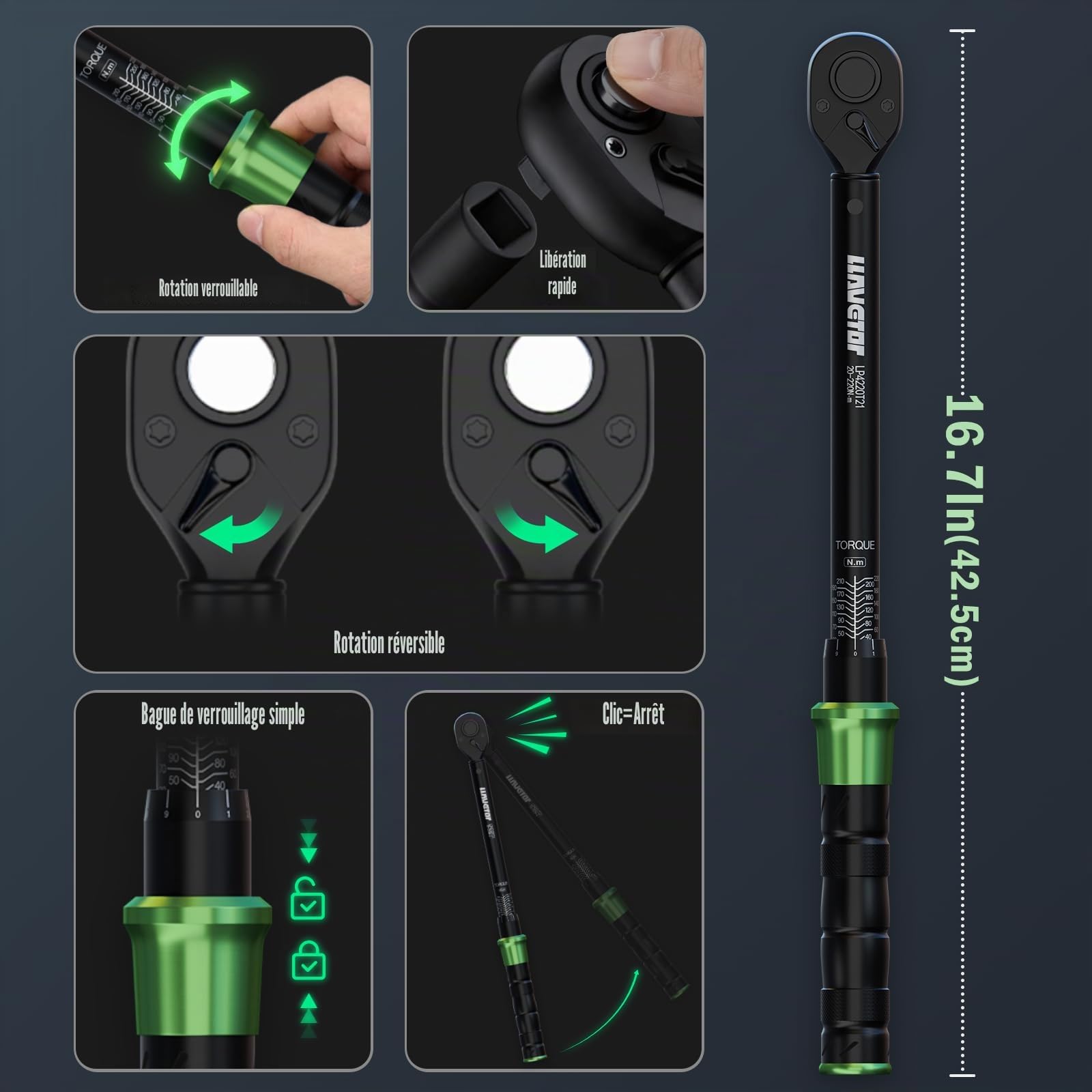 Clé dynamométrique 1/2" | Plage 20–220 Nm | Précision ±3% | Cliquet réversible 72 dents