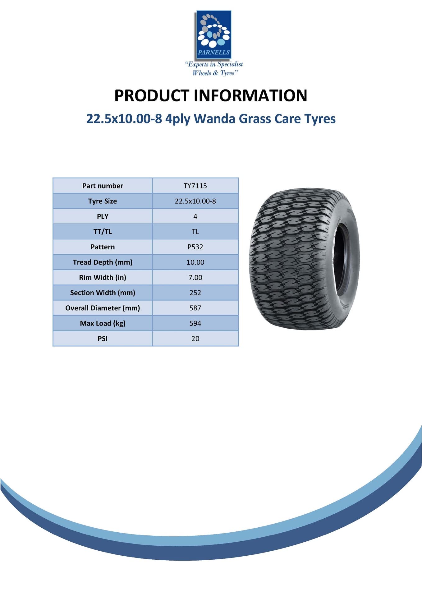 Parnells - 1 Ruota Completa per Tosaerba 22.5x10.00-8, 4 Strati Wanda P532, Cerchio PCD da 4 Pollici a 4 Prigionieri