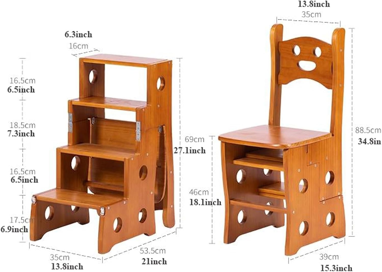 Steps 4-Step Solid Wood Folding Ladder Chair, Protable Library Ladder, Convertible Folding Chair Step Stool Display Stand for Adults Office Home Kitchen Outdoor Steps Ladder(Nature