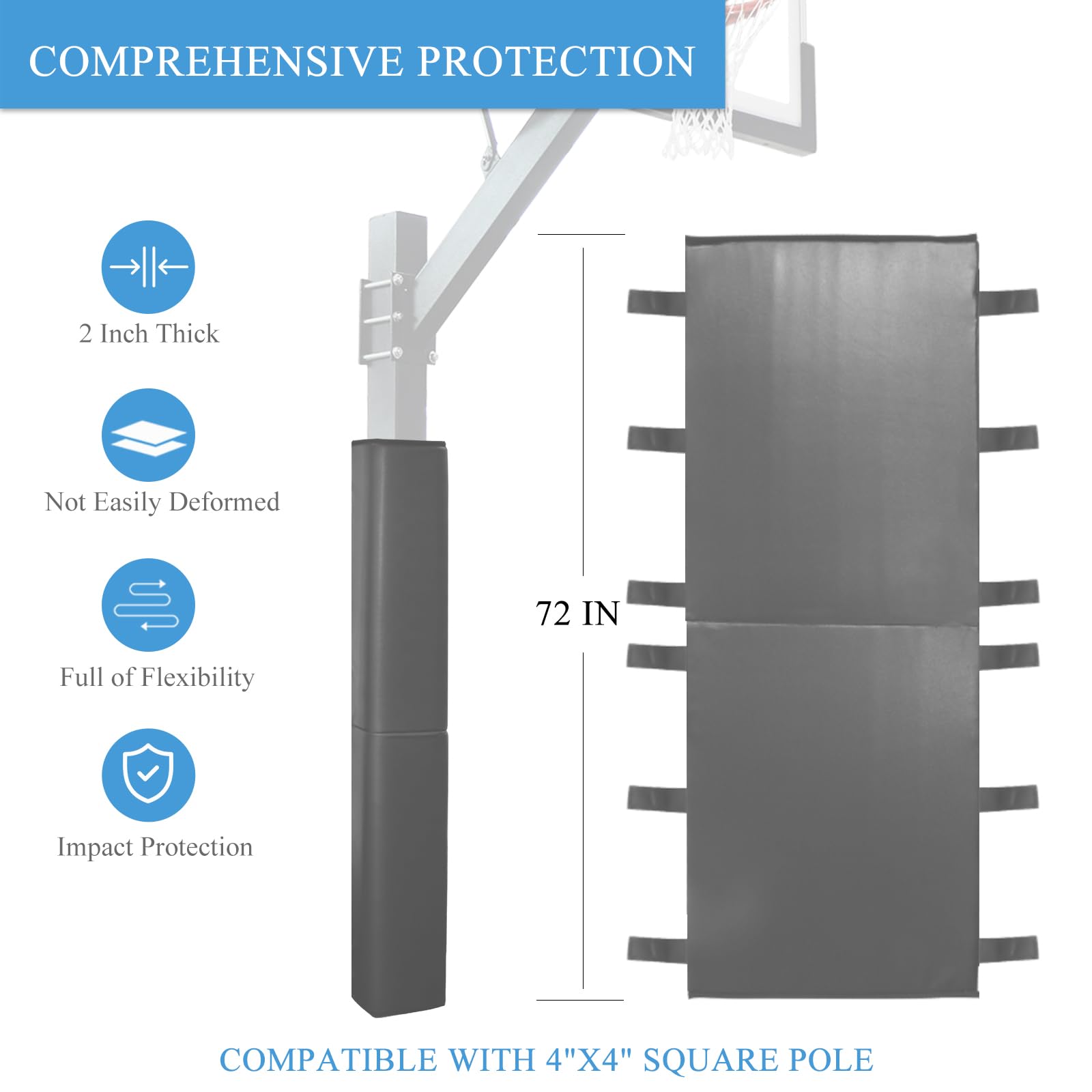 Katop Square Basketball Pole Padding Fits 4x4 Inch Pole, Durable 6 Feet Tall Basketball Pole Pad Outdoor and Indoor, UV-Resistant Waterproof Basketball Hoop Pads for Protection and Player Safety