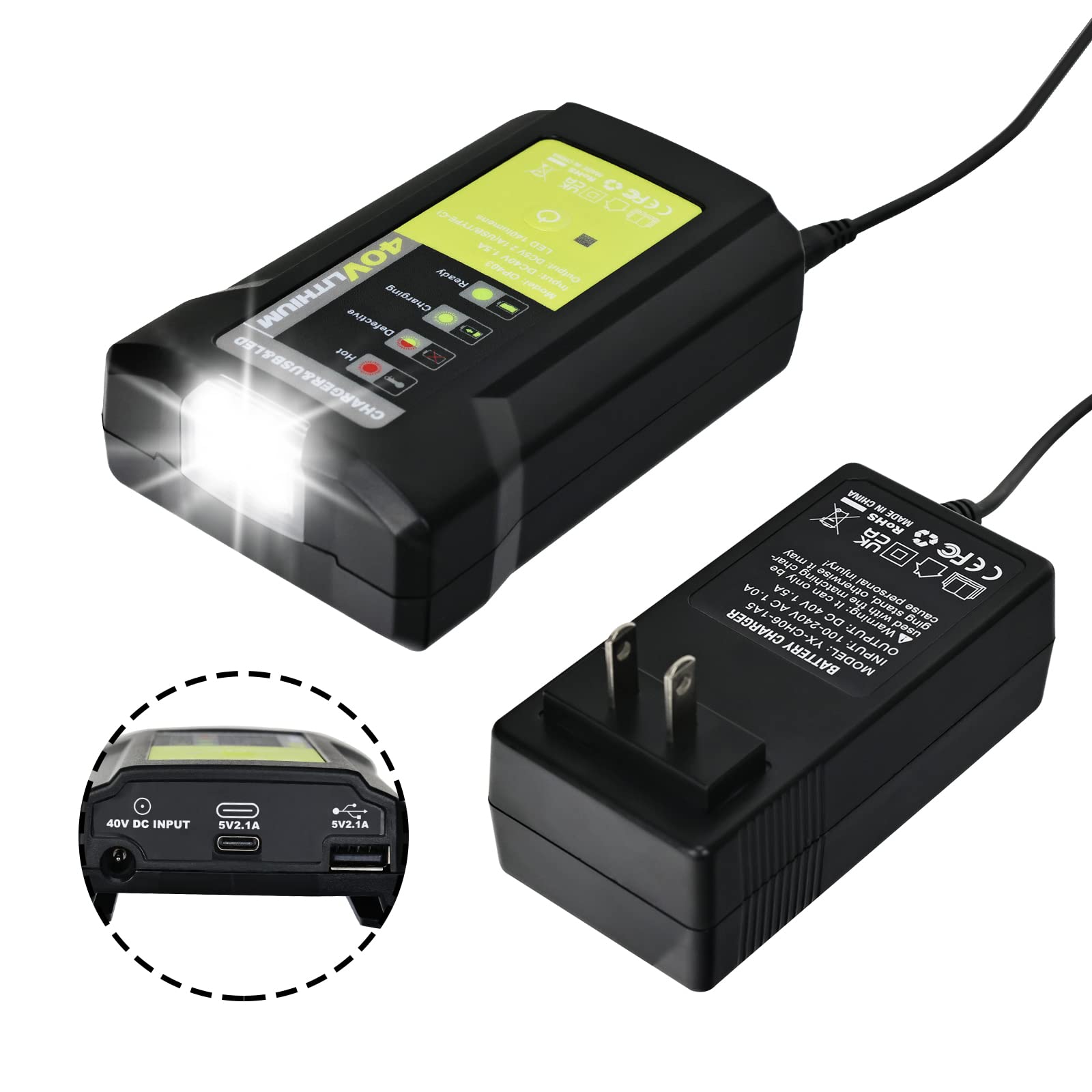 Adapter Replace for RYOBI LUB40V Lithium-ion Battery Electric Tool Charger Overcharge Protection with 5V2.1 USB type c Can charge phone 40VDC Input and 3W LED Light (Battery not include)