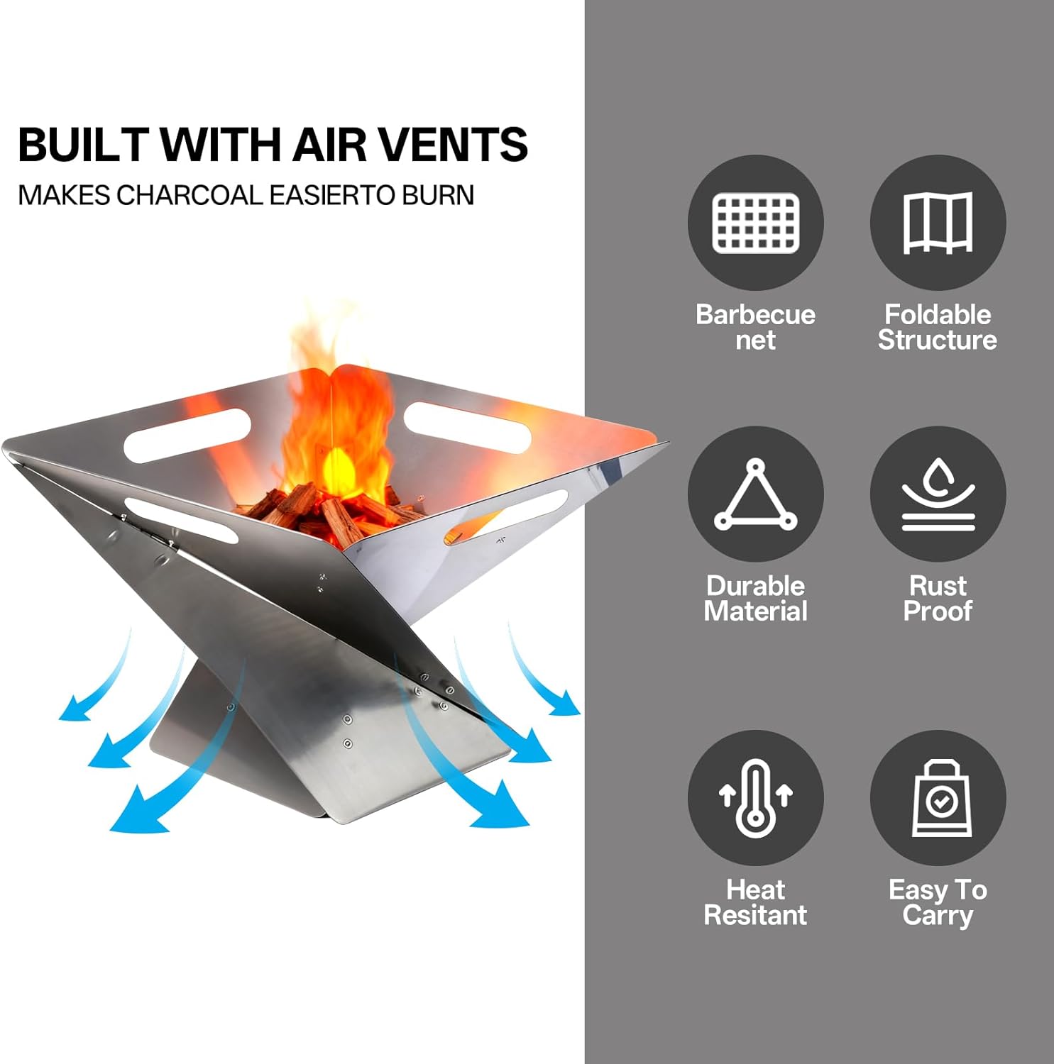 Foldable Portable Fire Pit - Stainless Steel Camping Fire Bowl with 304 Steel Grill Net & Heat-Resistant Gloves - Compact Bonfire Pit for Outdoor BBQ, Patio, Garden & Camping, 16.54 Inch