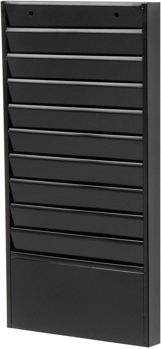 Global Industrial Steel Medical Chart Hanging Wall File Holder, 10 Pockets, Black, Wall Mounted Magazine and File Folder Holder, 12-1/4"W x 5-3/4"H Pockets