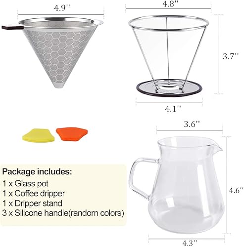 Miniatura 7 de Kit de cafetera con gotero de café, filtro de acero inoxidable reutilizable, jarra de vidrio de borosilicato resistente al calor de 20.3 fl oz y