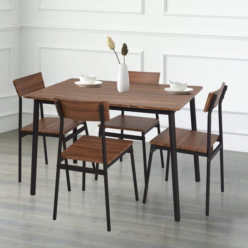 Dporticus 5-Piece Kitchen & Dining Room Sets Rustic Industrial Style Wooden Kitchen Table and Chairs with Metal Frame- Brown - Table & Chair Sets