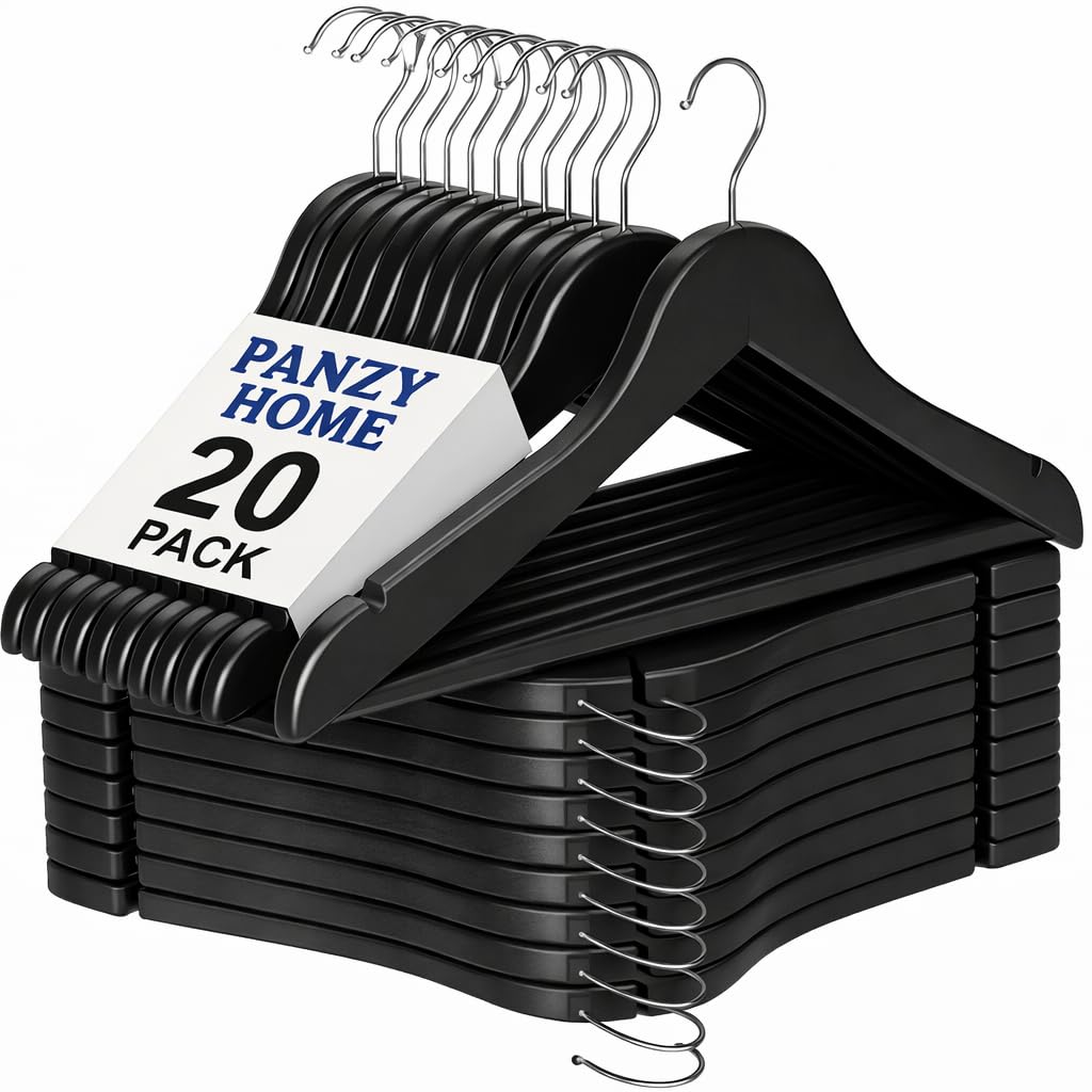 20 Wooden Hangers, Coat Hangers, Clothes Hangers, with Shoulder Notches, Trousers Bar, 360° Swivel Hook, for Suits, Shirts, Coats, Natural Pack of 20 (20 Pack Black)