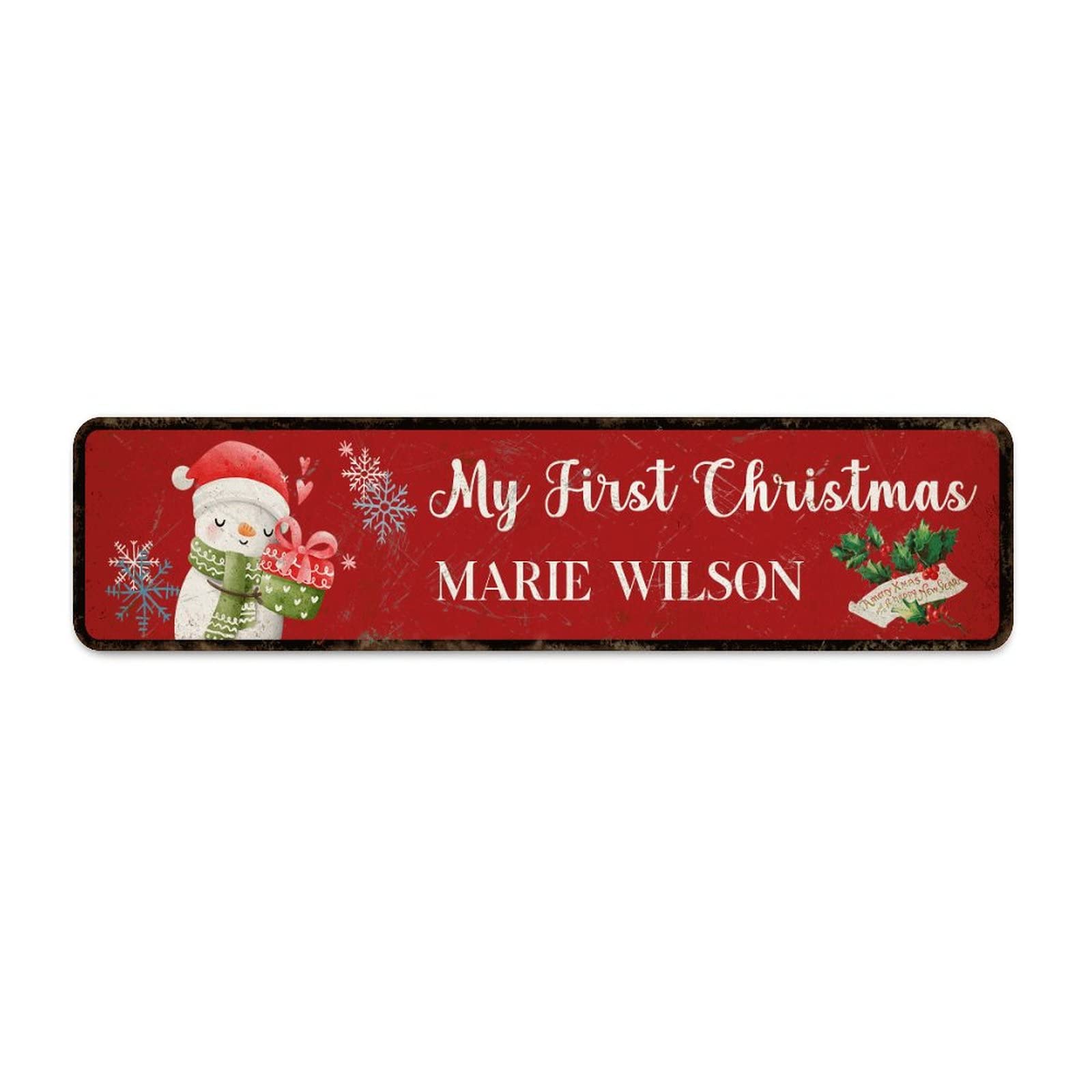 Plaque de rue bonhomme de neige Noël personnalisée en métal vintage 15x60 cm