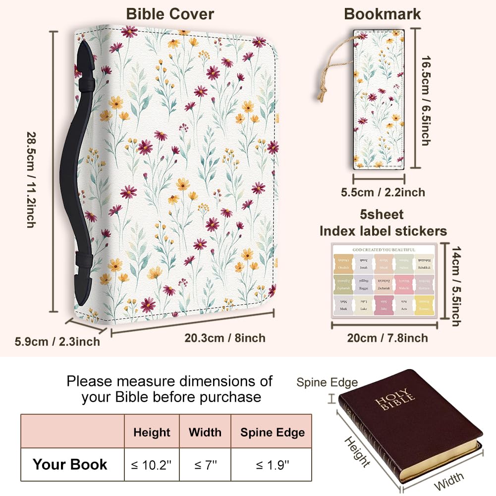 Hobbspring Bible Holder Case for School Office Dense Wildflowers Bible Protective with Handle Bookmark Bohemia Bibles Cover with Zipper Label Stickers for Students Adults Colorful PU Leather Bag - Image 2