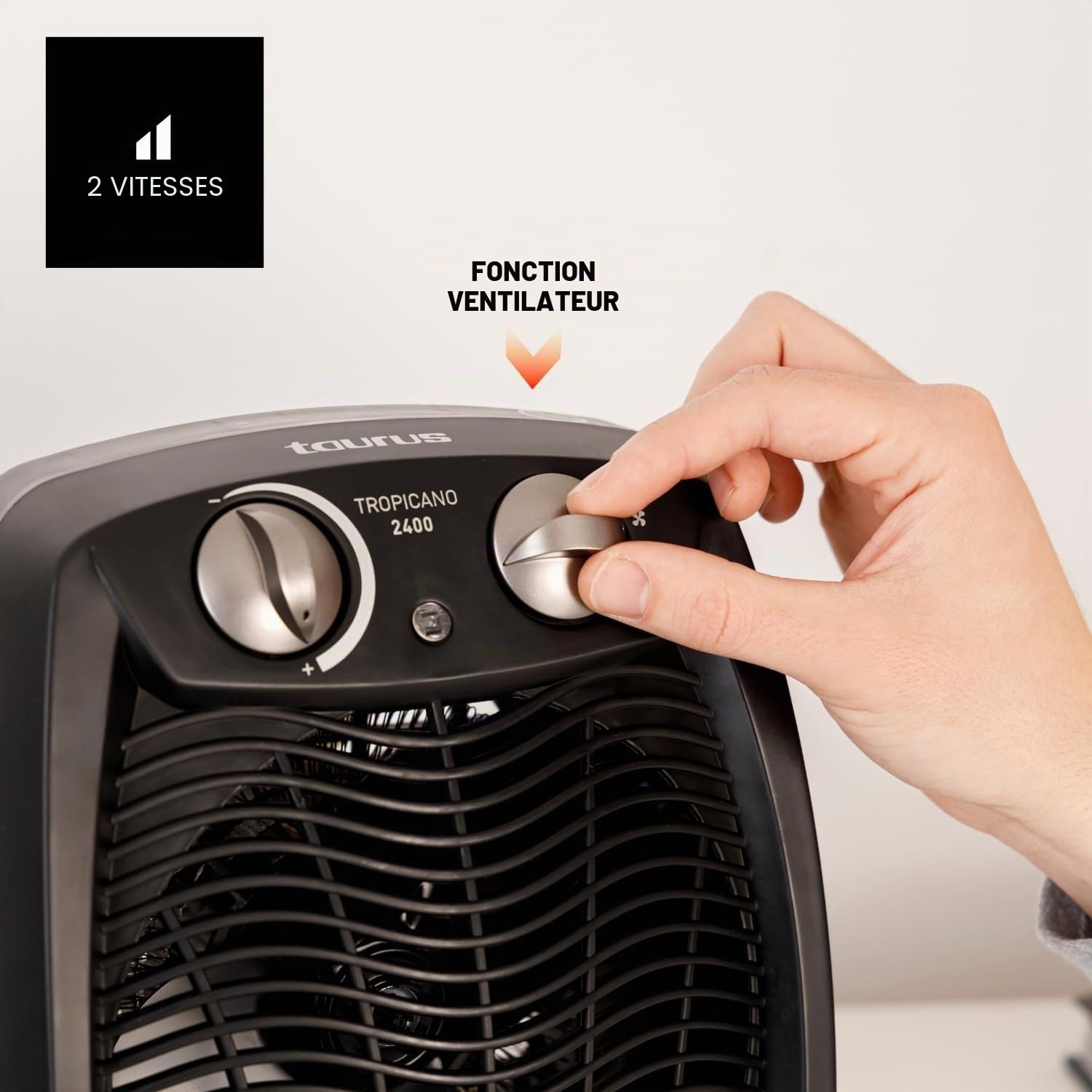 Taurus Tropicano 2400 - Radiateur soufflant 2400W, 3 positions froid/Chaud, Surface jusqu'à 24m2, Thermostat réglable, Fonction ventilateur, Témoin lumineux de fonctionnement, Noir
