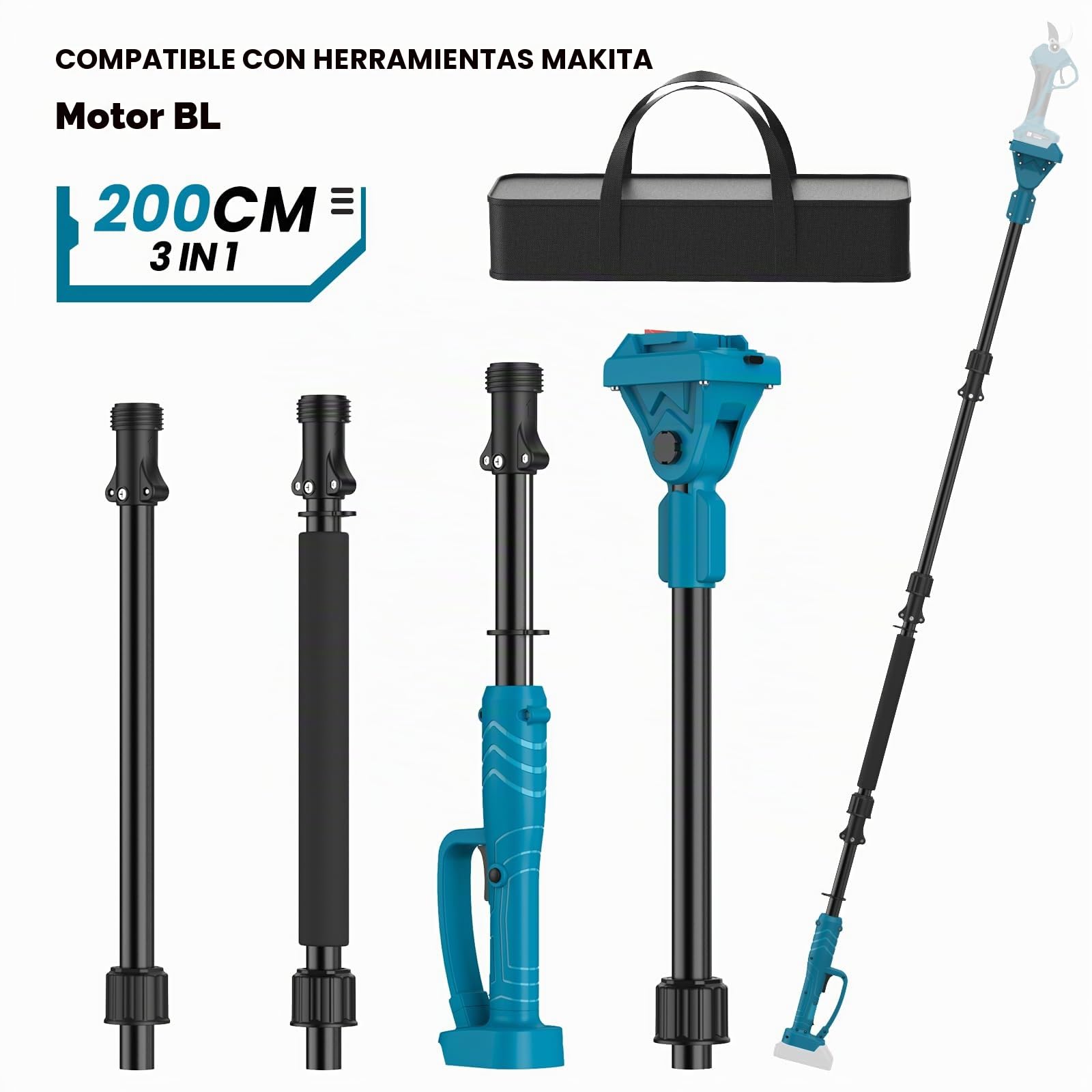Podadora con batería, 3 en 1, minisierra de cadena y tijeras de podar inalámbricas, telescópica, sin batería ni cargador, sierra de podar eléctrica con mango telescópico y sistema de aceite automático