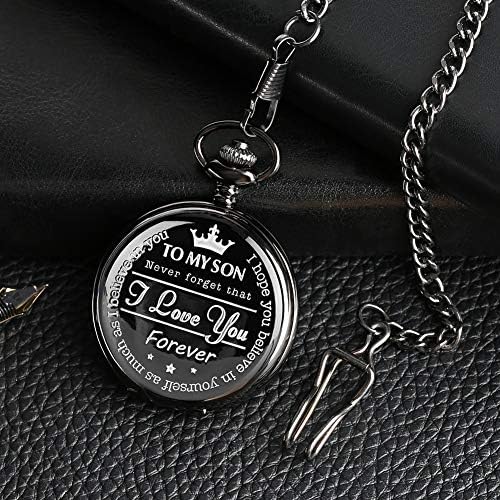 CokinkiDs Son Pocket Watch Engraved Quartz Pocket Watch Roman Numbers Display Chain Personalised Pocket Watch to My Son Fob Watch Xmas Gift