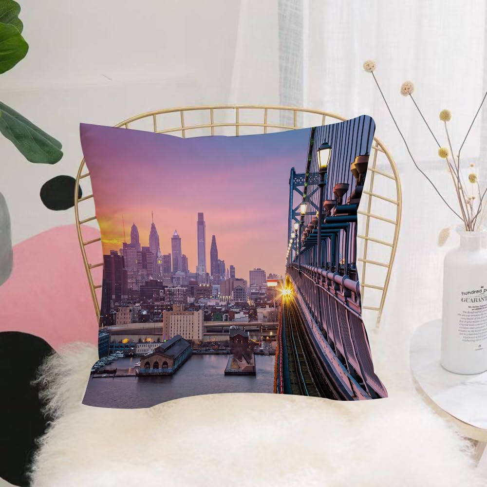 HYOSXW Cushion Cover,Throw Pillow Case Home Decorative for Living Room Bedroom Sofa Chair 16X16 Inch,American Philadelphia under a Hazy Sunset Train on Bridge with Lights,Pillowcase 40X40cm