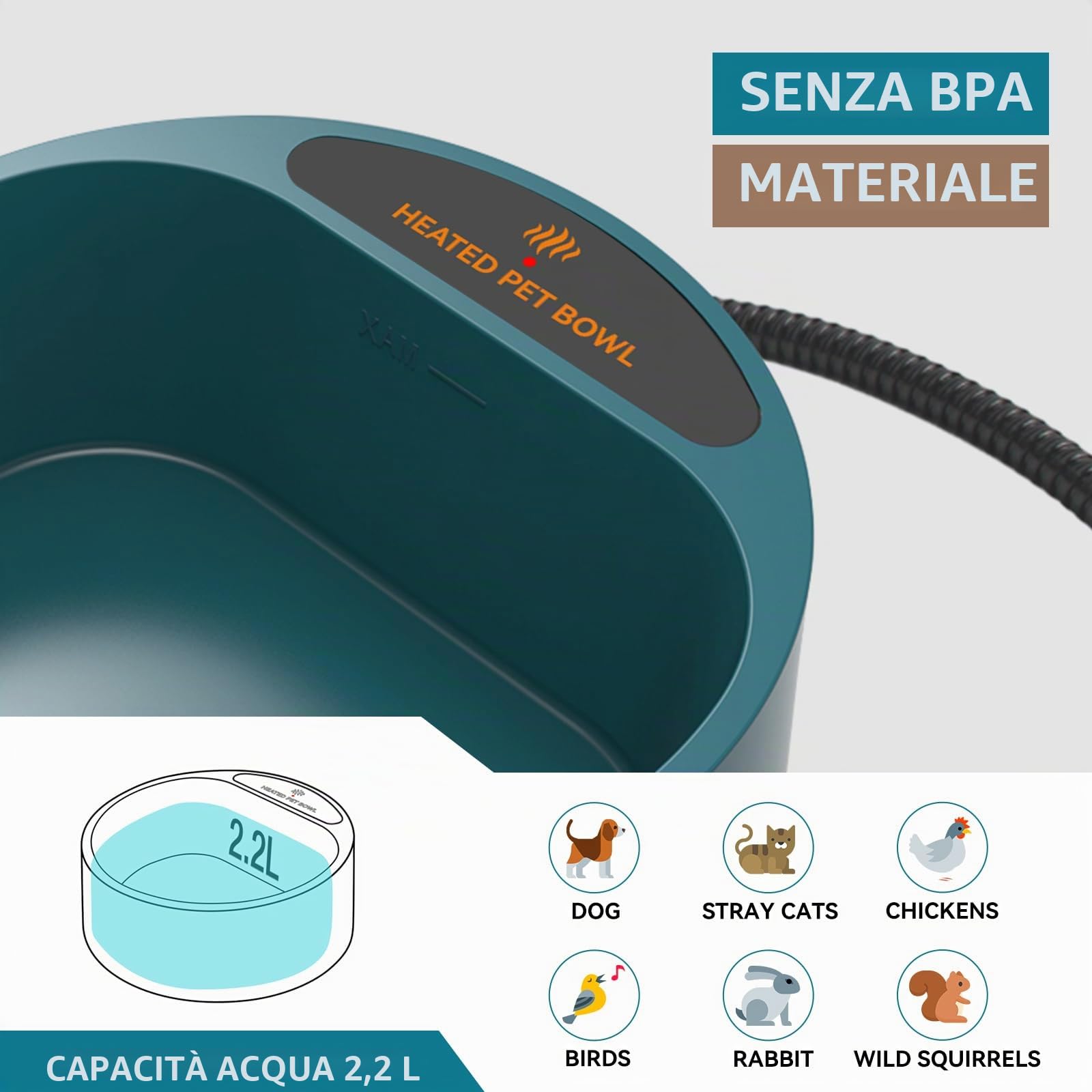 NAMSAN Abbeveratoio Riscaldante per Gatti/ Cani/ Polli/ Conigli Temperature Sotto lo 0 L'acqua è Liquida in Lnverno Cavo Avvolto in Acciaio Anti-morso