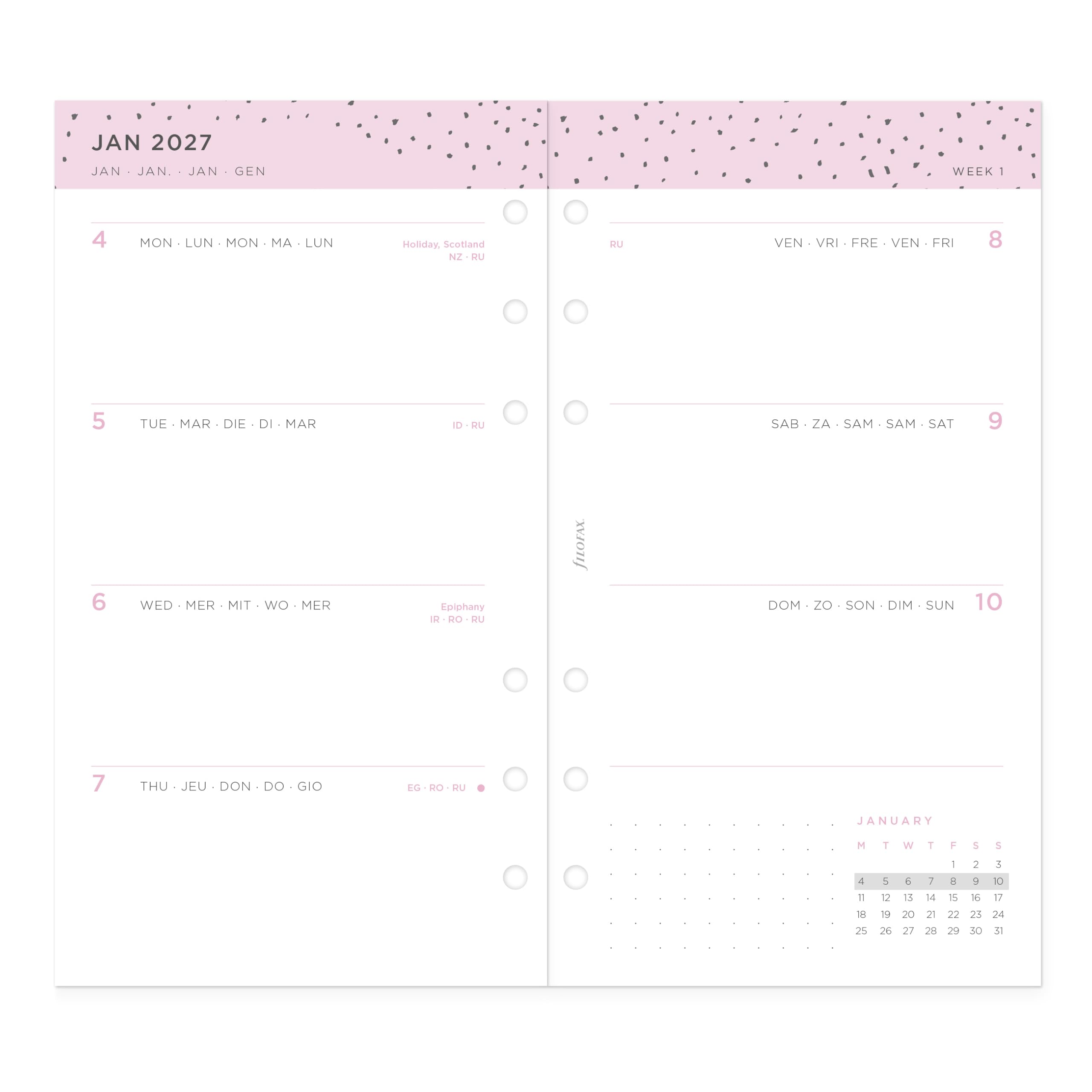 Filofax Recharge d'agenda 2027 format personnel/compact, semainier, confettis minimal, multilingue : cinq langues, 2027 (C68491-27)