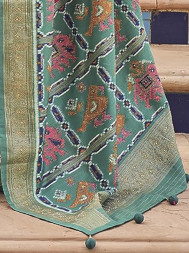 Image of SAREE MALL Women's Ikat Printed Tassels and Latkans Patola Silk Saree With Unstiched Blouse Piece (MORKLA588 RW Parent)