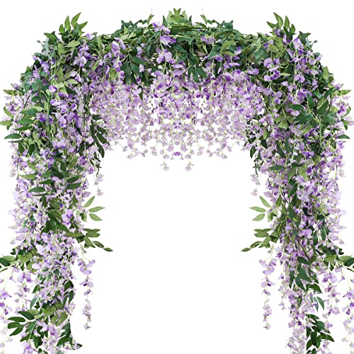 2PCS 7.2FT Artificial Wisteria Flowers Garland Fake Wisteria Vine Fake flowers Garland Silk Ivy Hanging Flower for Wedding Decorations Home Garden Party Decor(Purple)