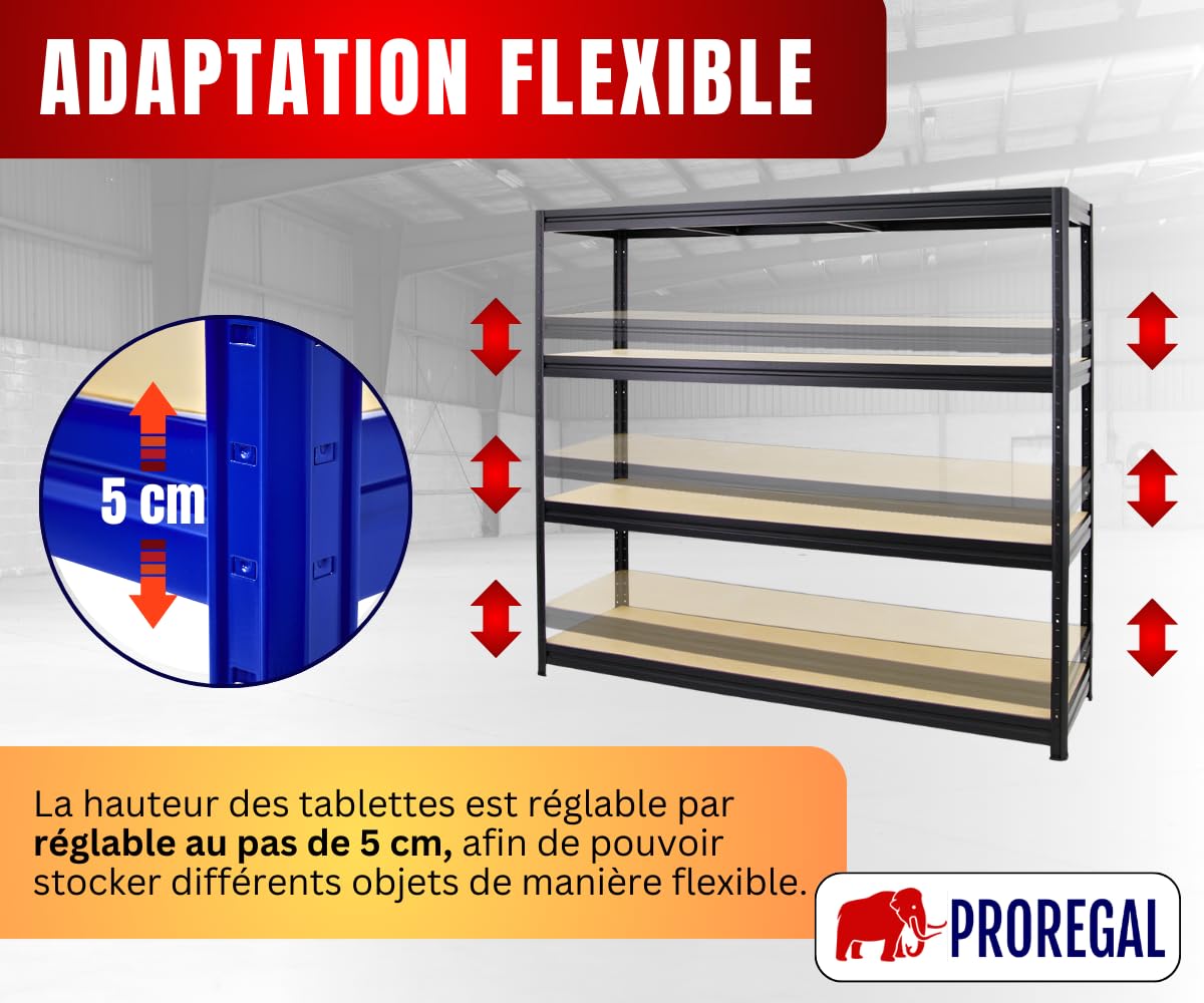PROREGAL Étagère Charge Lourde Dino | HxLxP 180x200x60cm | 500kg par Niveau | Noir | Étagère Robuste de Garage, Atelier, Cave, sous-Sol, Stockage, Rangement, Rayonnage