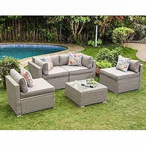 Cosiest 5 piece outdoor furniture set warm gray wicker sectional sofa w thick cushions glass coffee table 4 floral fantasy pillows for garden pool backyard  urban country home decor