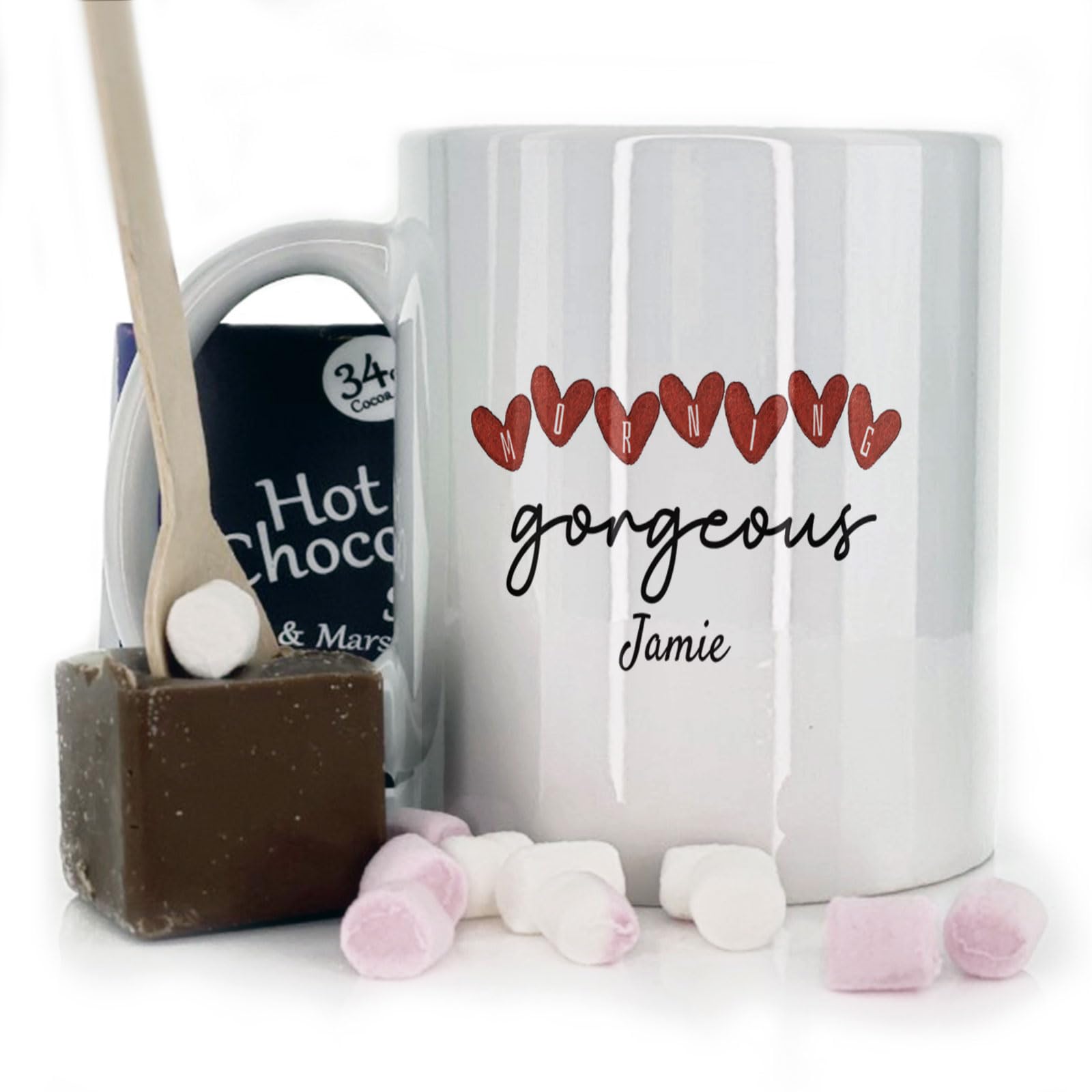 Hairyworm Personalised Mug and Belgian Milk Chocolate/Hot Chocolate Stirrer Marshmallow Gift Set,(11oz) Thank You, Birthday Mug, Heart Morning Gorgeous Coffee Mug with Name