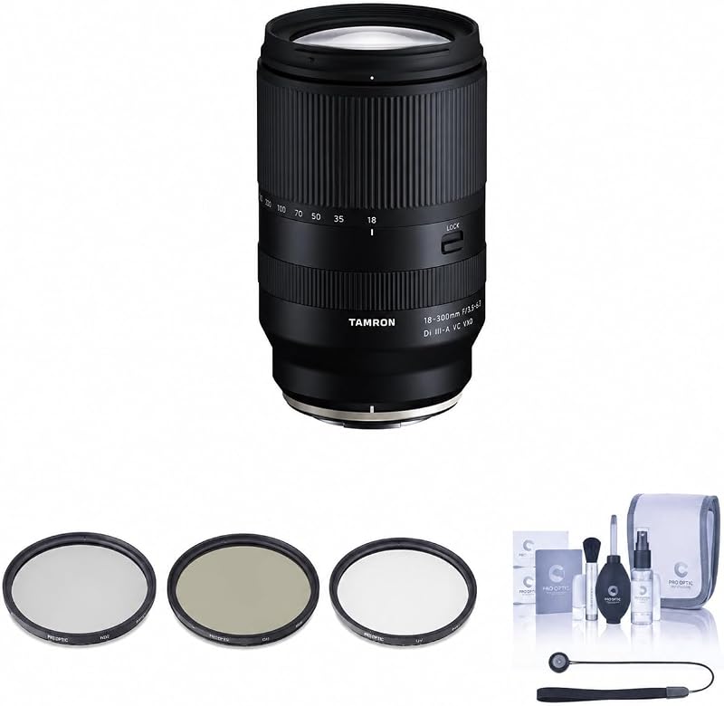 Lente de 0.709-11.811 in f/3.5-6.3 Di III-A VC VXD para cámaras Sony E APS-C sin espejo, paquete con kit de filtro UV/CPL/ND2, kit de limpieza, correa para tapa de lente, garantía Tamron de 6 años