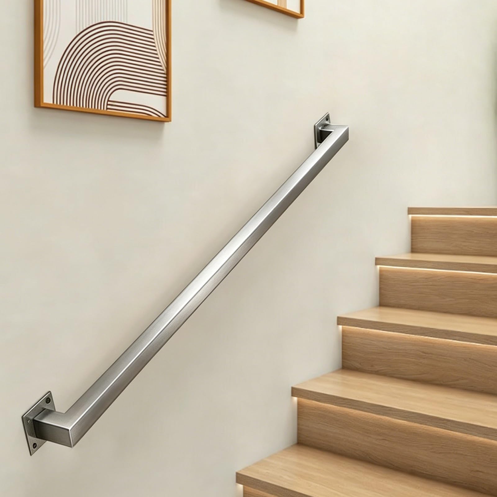 Hamankim One Color Stair Handrails For Walls, 1M 1.5M 2.8M 2.5M 3.9M 4.5M 6M Brushed Stainless Steel Banister Railing Support Rod, Square Tube Grab Rail For Indoor Outdoor Steps - Silver(17Ft/5.1M)