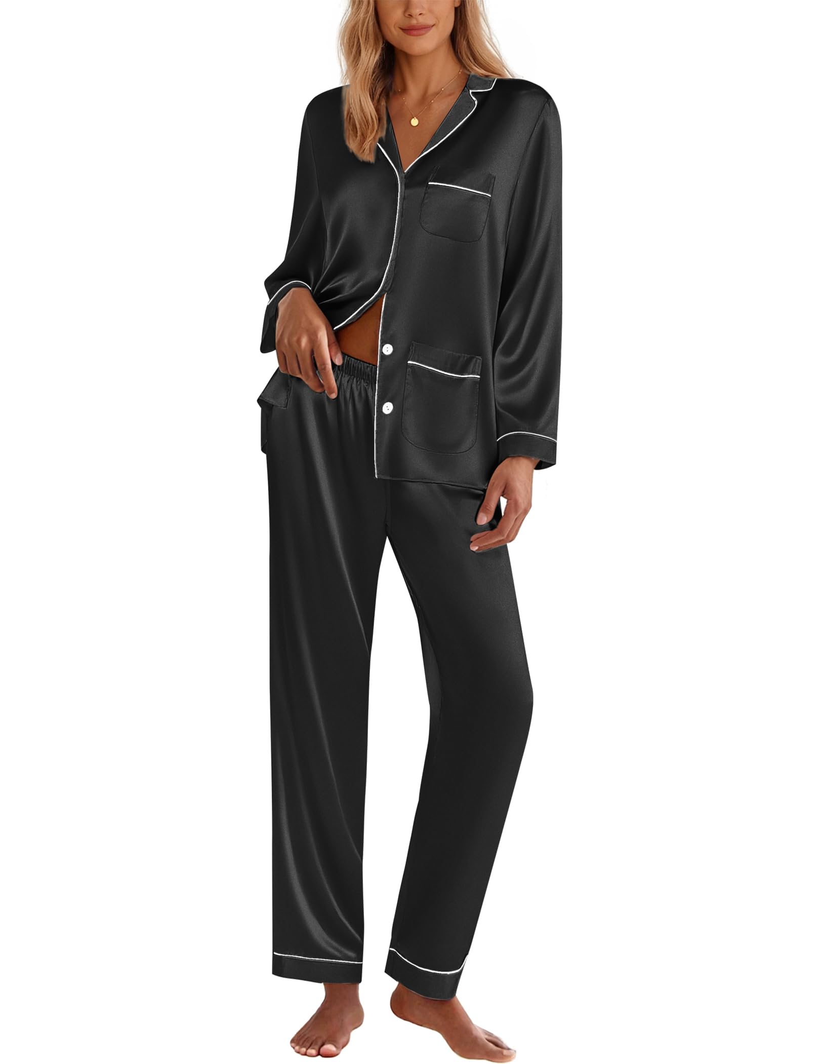 Ekouaer Silk Pajamas for Women Classic Button Down Satin Pajama Sets Long Sleeve Lounge Set