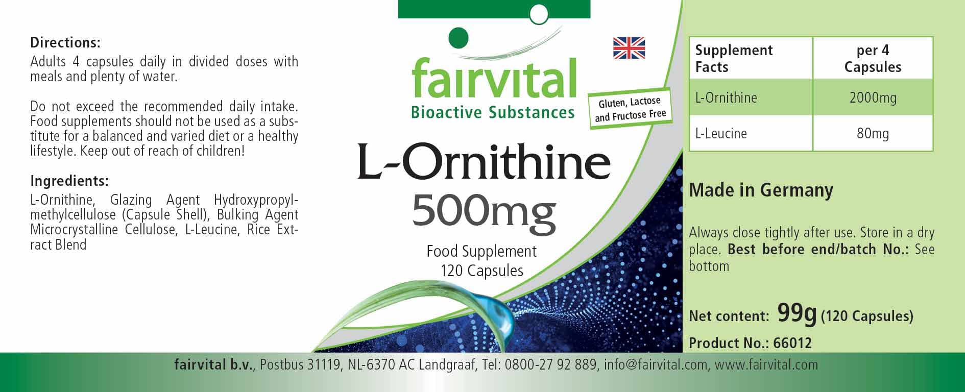 fairvital L-ornitina 500 mg, 120 capsule, ALTO DOSAGGIO, vegano