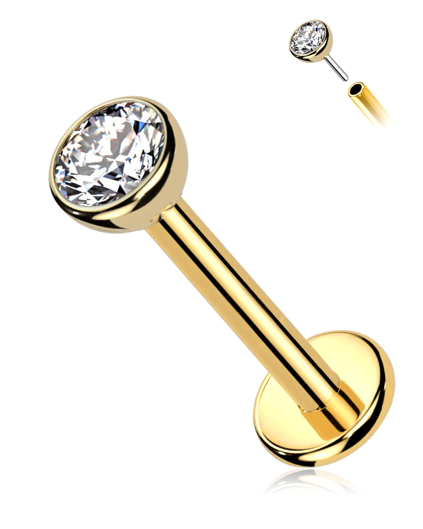 Melighting14K Solid Gold Opal Helix Piercings G23 Titanium Labret Bar 16g Threadless Earring 3mm CZ Conch Studs Cartilage Helix Earrings Tragus Piercing Jewellery Lip Studs