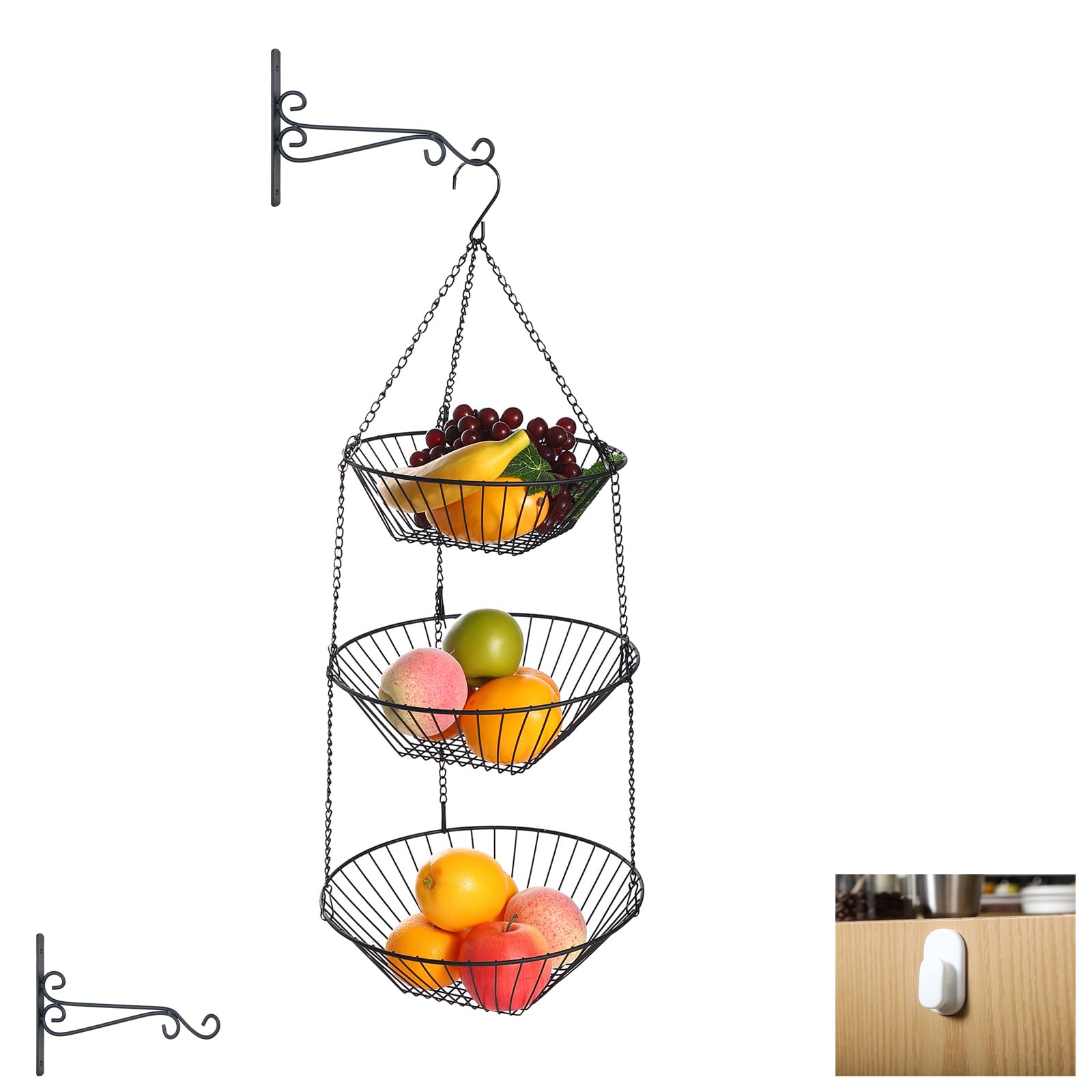 Cesta colgante de frutas de alambre de 3 niveles, cesta organizadora de almacenamiento de cocina, calcomanía sin costuras 3M y gancho de pared en S, adecuada para baño, cocina, armario 4