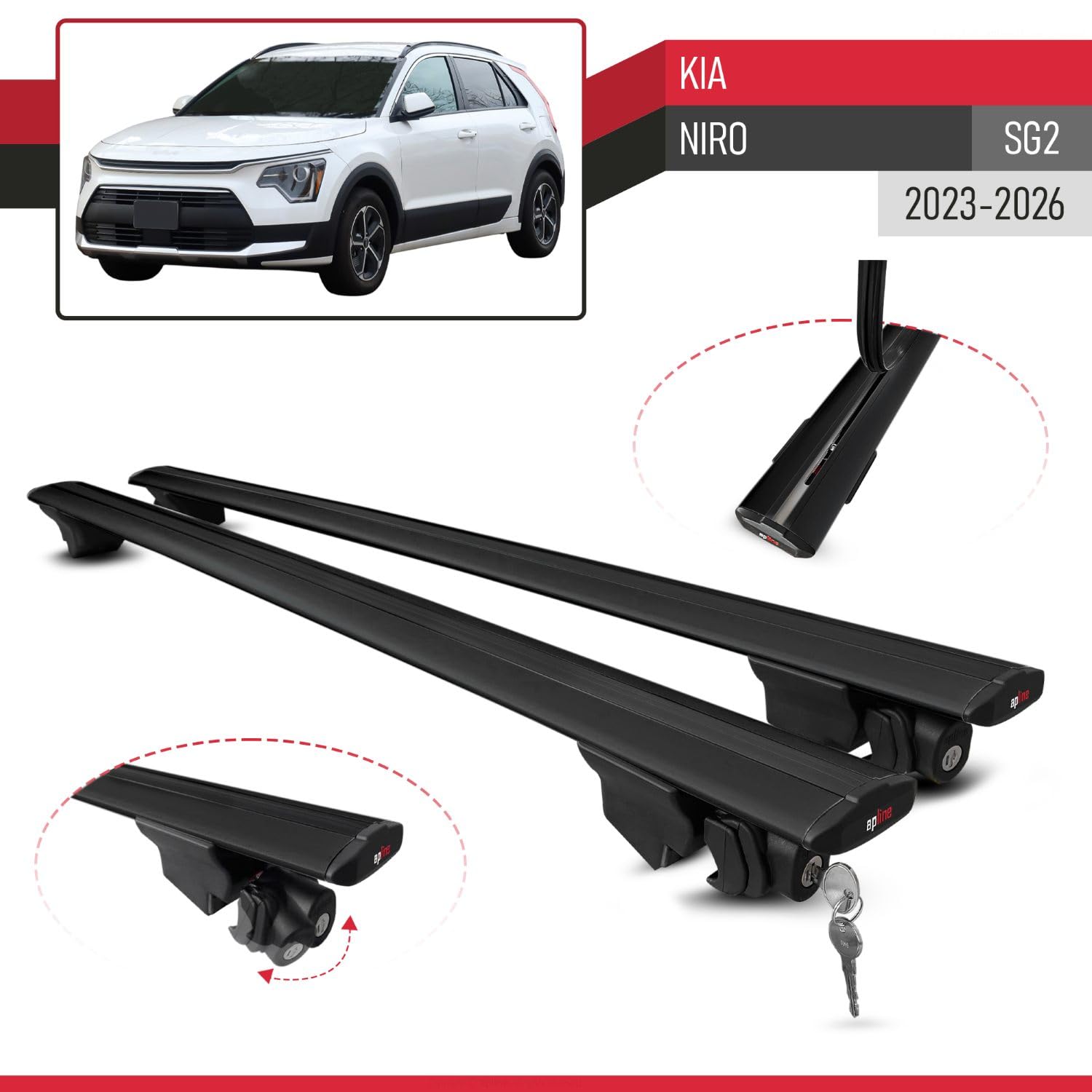 Compatible con Kia Niro 2023-2024 Hook Model Barras de Techo Auto Portaequipajes Barras Transversales Negro Aluminio 2 Barras