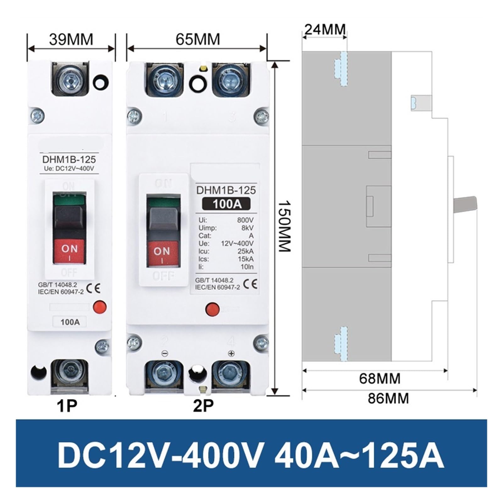 1 sztuk 24V DC 12V 48V 72V MCCB 250A plastikowe pudełko wyłącznik automatyczny 100A 200A bateria ładowania samochodu osłona baterii (Color : 40A, Size : 1P-20)