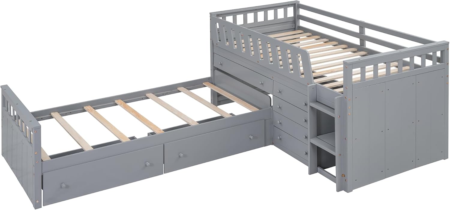 DEINPPA L Shaped 2 Twin Beds with Storage Drawers and Guardrails, Loft Irregular Bunk Bed, Wooden Bed Frame for Children Boys Girls -Grey