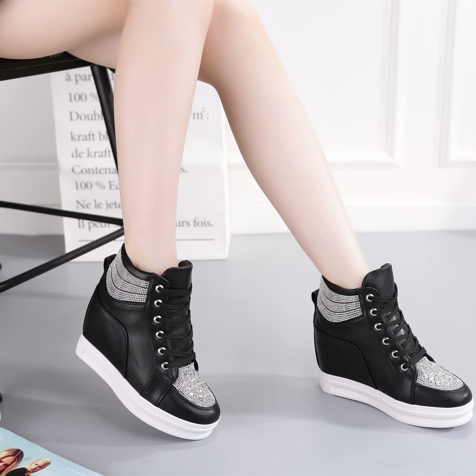 rismart Plataforma Botines Mujer Brillantina High-Top Moda Cuñas Zapatillas con Cordones