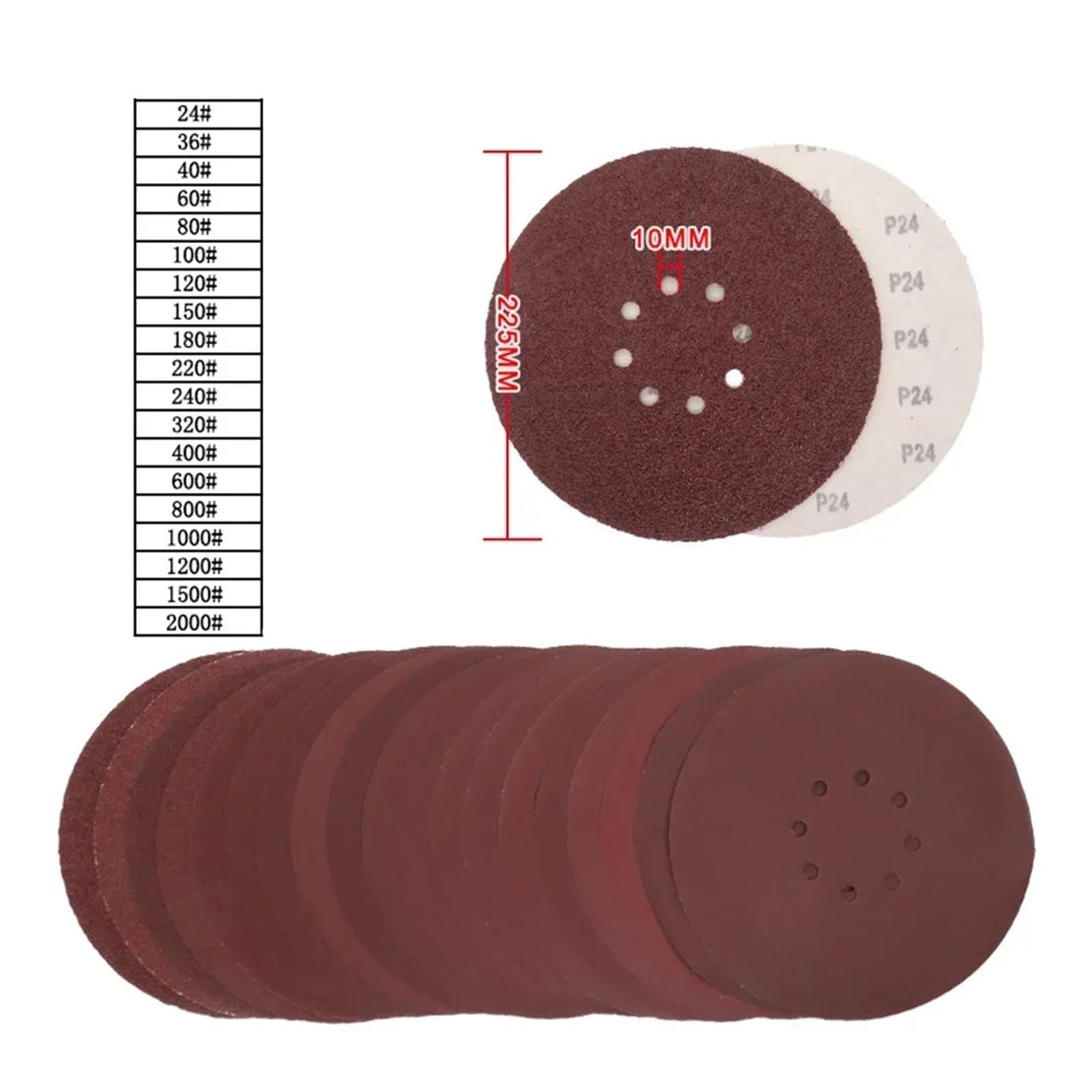 5 pz 9 Pollici 225mm 8 Fori Dischi abrasivi Base di Carta floccaggio Carta vetrata autoadesiva Fogli abrasivi Grana 60-1200 Carta vetrata(40Grit)