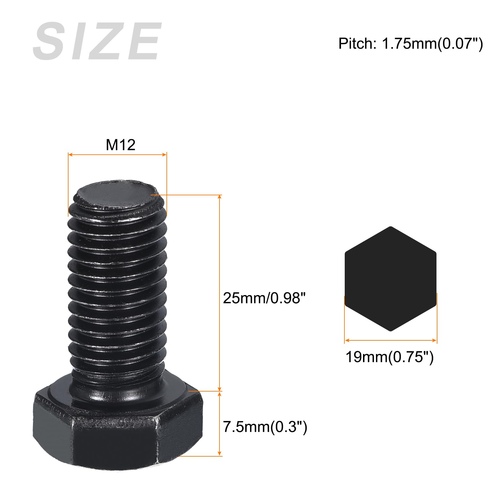 METALLIXITY Hex Bolts (M12-1.75x25mm) 5Pcs, 8.8 Grade Carbon Steel Fully Threaded Black Oxide - Image 2